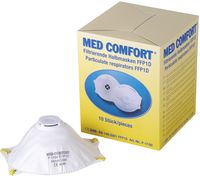 AMPRI-Einweg-Halbmaske, Einmalmaske, Med Comfort, FFP1D, mit Gummizug, mit Ventil, VE = 10 Stück, Karton 12 Boxen á 10 Stück