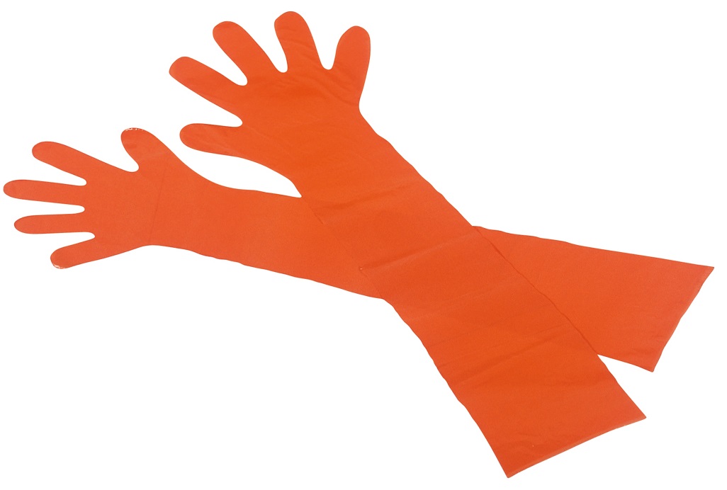 Einweghanschuhe Einmal Veterinärhandschuhe PE orange 90 cm lang 50St/Beutel 